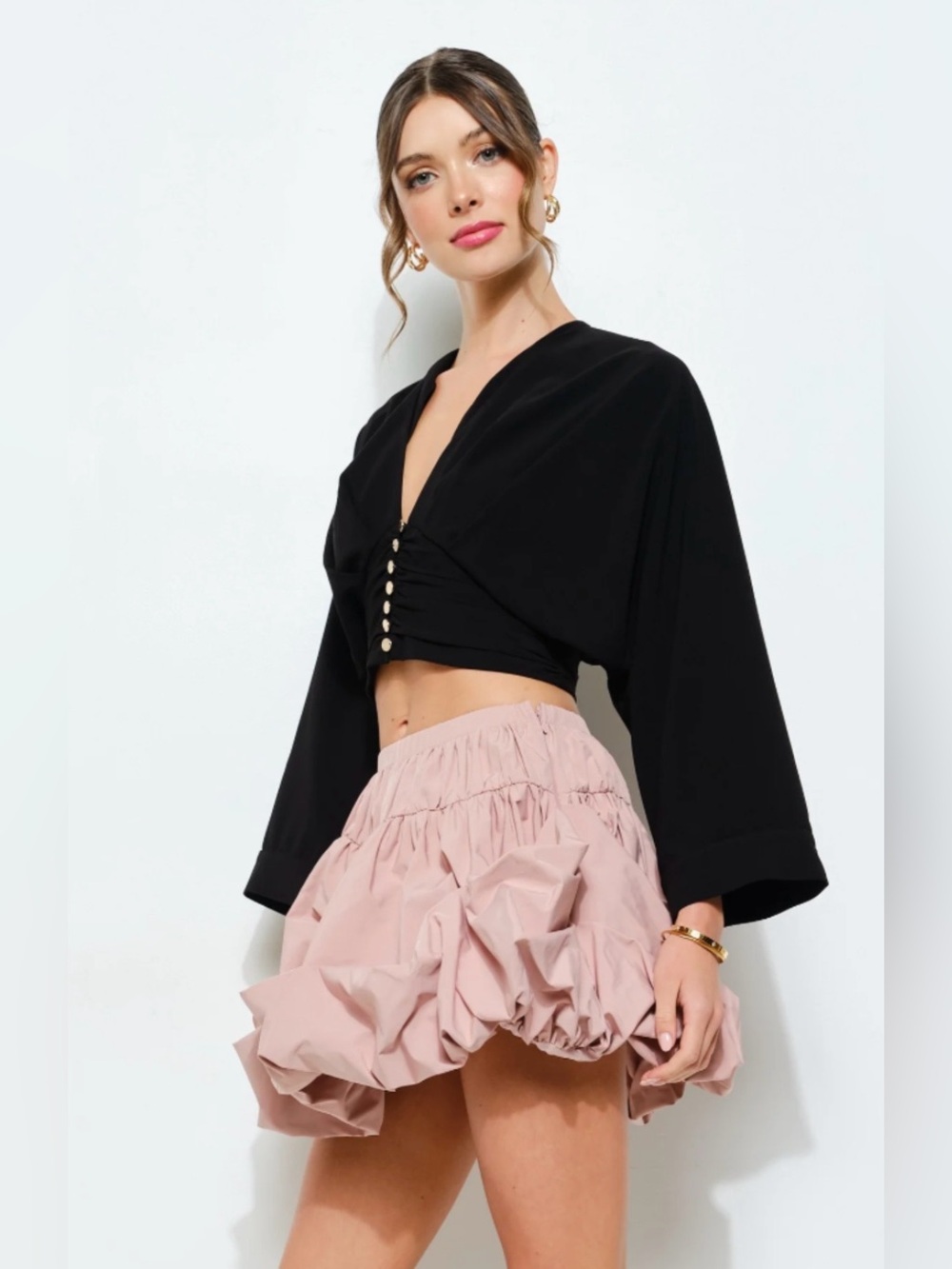 Zara Black Ruched Button-Front Cropped Blouse - Picture 2 of 8